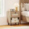Giantex Rattan Nightstands with Drawer Set of 2, Boho Side Tables with 4 Metal Legs and Open Storage Shelf, Farmhouse Night Stands for Small Spaces, 2 Tier Bedside Tables for Bedroom Office, Oak(Natural)