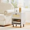 Giantex Rattan Nightstands with Drawer Set of 2, Boho Side Tables with 4 Metal Legs and Open Storage Shelf, Farmhouse Night Stands for Small Spaces, 2 Tier Bedside Tables for Bedroom Office, Oak(White)