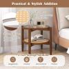 Giantex Rattan Round End Table, Walnut Boho Nightstand with Tempered Glass Top and Acacia Wood Legs, 2-Tier Side Table with Storage, Bedside Tables for Small Spaces Living Room Bedroom
