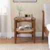 Giantex Rattan Round End Table, Walnut Boho Nightstand with Tempered Glass Top and Acacia Wood Legs, 2-Tier Side Table with Storage, Bedside Tables for Small Spaces Living Room Bedroom