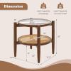 Giantex Rattan Round End Table, Walnut Boho Nightstand with Tempered Glass Top and Acacia Wood Legs, 2-Tier Side Table with Storage, Bedside Tables for Small Spaces Living Room Bedroom