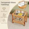 Giantex Rattan Side Table, Boho End Table for Living Room, Narrow Bedside Table with Tempered Glass Top, Wood Accent Table with Rattan Storage Shelf, 2-Tier Nightstand for Bedroom Small Spaces(1)