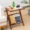 Giantex Rattan Side Table Set of 2, Boho Nightstand with Glass Top & Magazine Rack, End Table with Storage, Bamboo Bedside Table for Small Space Living Room Bedroom, Natural(Walnut)