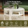 Giantex Round Coffee Table, 2-Tier Mid Century Modern Tea Cocktail Table with Storage Shelves & 4 Side Compartments, Wood Center Table for Living Room, Small Spaces (White)(White)