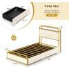 Giantex Twin Bed Frame with 4 Storage Drawers and Charging Station, Metal Twin Size Platform Bed w/LED Lights & Velvet Upholstered Headboard, No Box Spring Needed, Twin Storage Bed, Gold & Beige