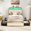 Giantex Twin Bed Frame with 4 Storage Drawers and Charging Station, Metal Twin Size Platform Bed w/LED Lights & Velvet Upholstered Headboard, No Box Spring Needed, Twin Storage Bed, Gold & Beige