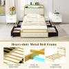 Giantex Twin Bed Frame with 4 Storage Drawers and Charging Station, Metal Twin Size Platform Bed w/LED Lights & Velvet Upholstered Headboard, No Box Spring Needed, Twin Storage Bed, Gold & Beige