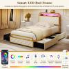 Giantex Twin Bed Frame with 4 Storage Drawers and Charging Station, Metal Twin Size Platform Bed w/LED Lights & Velvet Upholstered Headboard, No Box Spring Needed, Twin Storage Bed, Gold & Beige