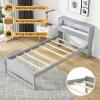 Giantex Twin Bed Frames with Storage Headboard, Wood Platform Bed with Charging Station & LED Light, Single Bed with Slats Support, Under-Bed Space, Twin Bed Frames for Kids Girls Boys (White)(Grey)