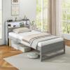 Giantex Twin Bed Frames with Storage Headboard, Wood Platform Bed with Charging Station & LED Light, Single Bed with Slats Support, Under-Bed Space, Twin Bed Frames for Kids Girls Boys (White)(Grey)