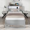 Giantex Twin Bed Frames with Storage Headboard, Wood Platform Bed with Charging Station & LED Light, Single Bed with Slats Support, Under-Bed Space, Twin Bed Frames for Kids Girls Boys (White)(Grey)