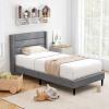 Giantex Twin Bed Frames with Wingback Headboard, Modern Linen Upholstered Platform Bed with Wooden Slats Support, No Box Spring Needed, Twin Bed Frames for Kids, Grey(Horizontal Channel Tufting)