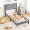 Giantex Twin Bed Frames with Wingback Headboard, Modern Linen Upholstered Platform Bed with Wooden Slats Support, No Box Spring Needed, Twin Bed Frames for Kids, Grey(Horizontal Channel Tufting)
