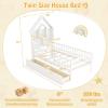 Giantex Twin House Bed with 2 Storage Drawers, Solid Wood Montessori Bed with House-Shaped Headboard, No Box Spring Needed, Kids Bed with Detachable Rails for Boys, Girls, White