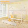 Giantex Twin House Bed with Trundle Bed Twin, Wooden Twin Bed Frames with Roof, Chimney & Window, Montessori House Bed with Safety Guardrails, House Trundle Bed for Kids, Boys, Girls, Teens (White)(White)