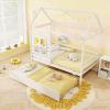 Giantex Twin House Bed with Trundle Bed Twin, Wooden Twin Bed Frames with Roof, Chimney & Window, Montessori House Bed with Safety Guardrails, House Trundle Bed for Kids, Boys, Girls, Teens (White)(White)