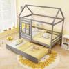 Giantex Twin House Bed with Trundle Bed Twin, Wooden Twin Bed Frames with Roof, Chimney & Window, Montessori House Bed with Safety Guardrails, House Trundle Bed for Kids, Boys, Girls, Teens (White)(Grey)