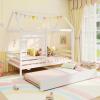 Giantex Twin House Bed with Trundle Bed Twin, Wooden Twin Bed Frames with Roof, Chimney & Window, Montessori House Bed with Safety Guardrails, House Trundle Bed for Kids, Boys, Girls, Teens (White)(White)