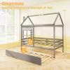 Giantex Twin House Bed with Trundle Bed Twin, Wooden Twin Bed Frames with Roof, Chimney & Window, Montessori House Bed with Safety Guardrails, House Trundle Bed for Kids, Boys, Girls, Teens (White)(Grey)