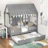 Giantex Twin House Bed with Trundle, Kids Bed Frame with 82″ Tall Roof, Windows and Guardrail, Wooden Playhouse Bed for Teens Boys Girls Bedroom, No Box Spring Needed, Free to Decorate, Grey