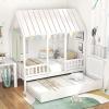 Giantex Twin House Bed with Trundle, Kids Bed Frame with 82″ Tall Roof, Windows and Guardrail, Wooden Playhouse Bed for Teens Boys Girls Bedroom, No Box Spring Needed, Free to Decorate, White
