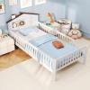 Giantex Twin Kids Bed Frame, Solid Wood Montessori Bed with Guardrails & House-Shaped Headboard, Built-in Storage Shelf, No Box Spring Needed, for Boys Girls, White(White)