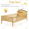 Giantex Twin Kids Bed Frame, Solid Wood Montessori Bed with Guardrails & House-Shaped Headboard, Built-in Storage Shelf, No Box Spring Needed, for Boys Girls, White(Natural)