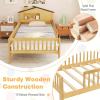 Giantex Twin Kids Bed Frame, Solid Wood Montessori Bed with Guardrails & House-Shaped Headboard, Built-in Storage Shelf, No Box Spring Needed, for Boys Girls, White(Natural)