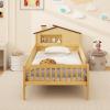Giantex Twin Kids Bed Frame, Solid Wood Montessori Bed with Guardrails & House-Shaped Headboard, Built-in Storage Shelf, No Box Spring Needed, for Boys Girls, White(Natural)
