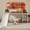 Giantex Twin Loft Bed with Slide, Metal Low Bunk Bed w/Safety Guardrails & Built-in Ladder, Toddler Bed Floor Frame for Boys & Girls, No Box Spring Needed (Black)(White)