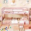Giantex Twin Low Bunk Bed, Solid Wood Twin Over Twin Bunk Bed Frame with Full Guardrails & Integrated Ladder, Floor Twin Bunk Beds for Kids Boys and Girls, No Box Spring Needed, White(Pink)