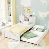 Giantex Twin Size Bed Frame with Trundle and Bookcase Headboard, Wooden Platform Bed w/Charging Station, 5 Cube Storage Shelves, Twin Bed Frames for Kids Teens Adults, No Box Spring Needed, White