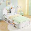 Giantex Twin Size Bed Frame with Trundle and Bookcase Headboard, Wooden Platform Bed w/Charging Station, 5 Cube Storage Shelves, Twin Bed Frames for Kids Teens Adults, No Box Spring Needed, White