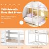 Giantex Wood Bunk Bed Twin Over Twin, House Bed Frame with Ladder and Guardrail, Floor Bunk Bed with Wood Slats for Kids, Girls, Boys, Dormitory and Bedroom, No Box Spring Needed, White