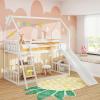 Giantex Wood Kids Bunk Bed with Slide & Ladder, Twin Over Twin House Bed with Full-Length Guardrails, Montessori Floor Bunk Bed Frame for Kids Teens Girls Boys, No Box Spring Needed, White