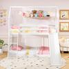 Giantex Wood Kids Bunk Bed with Slide & Ladder, Twin Over Twin House Bed with Full-Length Guardrails, Montessori Floor Bunk Bed Frame for Kids Teens Girls Boys, No Box Spring Needed, White