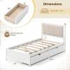 Giantex Wood Twin Bed with 2 Storage Drawers, Solid Wood Platform Bed with Upholstered Headboard, Wooden Slats Support, Twin Bed Frames for Kids Teens Adults, No Box Spring Needed, White & Beige