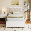 Giantex Wood Twin Bed with 2 Storage Drawers, Solid Wood Platform Bed with Upholstered Headboard, Wooden Slats Support, Twin Bed Frames for Kids Teens Adults, No Box Spring Needed, White & Beige