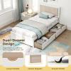 Giantex Wood Twin Bed with 2 Storage Drawers, Solid Wood Platform Bed with Upholstered Headboard, Wooden Slats Support, Twin Bed Frames for Kids Teens Adults, No Box Spring Needed, White & Beige