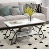Giantex 2-Tier Rectangular Coffee Table, Faux Marble Table with Open Storage Shelf, Black Finished Metal Frame, Modern Center Table for Living Room, Reception Room (White+Black)(White+black)