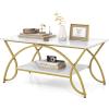 Giantex 2-Tier Rectangular Coffee Table, Faux Marble Table with Open Storage Shelf, Black Finished Metal Frame, Modern Center Table for Living Room, Reception Room (White+Black)(White+gold)