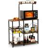 Giantex Bakers Rack, 4-Tier Microwave Stand with Storage, Kitchen Utility Shelves, Wire Basket with 5 Hooks, Spice Rack for Organizing Utensils, Work Station with Countertop, 35.5″ L×16″ W×54.5″ H(Charcoal Brown&Black)