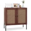 Giantex Buffet Cabinet Set of 2, Wood Sideboard Storage Cabinet with Rattan Door, 3-Position Adjustable Shelf, Freestanding Coffee Bar Accent Cabinet, Kitchen Cupboard Organizer for Living Room(Walnut)