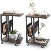 Giantex C Shaped End Table with Rolling Wheels, Sofa Side Table with Magazine Storage Holder & Metal Frame, Mobile TV Tray Table for Small Space Living Room, 16″ L x 11″ W x 23″ H, Rustic Brown(2)