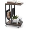 Giantex C Shaped End Table with Rolling Wheels, Sofa Side Table with Magazine Storage Holder & Metal Frame, Mobile TV Tray Table for Small Space Living Room, 16″ L x 11″ W x 23″ H, Rustic Brown(1)