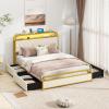 Giantex Full Size Bed Frame with 4 Storage Drawers and Charging Station, Metal Full Platform Bed w/LED Lights & Linen Upholstered Headboard, No Box Spring Needed, Full Storage Bed, Gold & Beige(Gold & Beige)