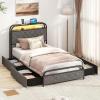 Giantex Full Size Bed Frame with 4 Storage Drawers and Charging Station, Metal Full Platform Bed w/LED Lights & Linen Upholstered Headboard, No Box Spring Needed, Full Storage Bed, Gold & Beige(Black & Grey)