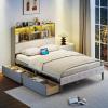 Giantex Full Size Bed Frame with Storage Drawer & Headboard, Full Storage Bed with LED Lights & Charging Station, Wooden Platform Bed with Upholstered Bookcase Headboard, No Box Spring Needed, Gray