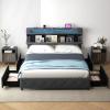 Giantex Full Size Bed Frame with Storage Headboard and 4 Drawers, Modern Upholstered Platform Bed with Charging Station & Led Lights, Storage Bed Full w/Wood Slat Support, No Box Spring Needed, Grey(Queen)