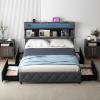 Giantex Full Size Bed Frame with Storage Headboard and 4 Drawers, Modern Upholstered Platform Bed with Charging Station & Led Lights, Storage Bed Full w/Wood Slat Support, No Box Spring Needed, Grey(Full)
